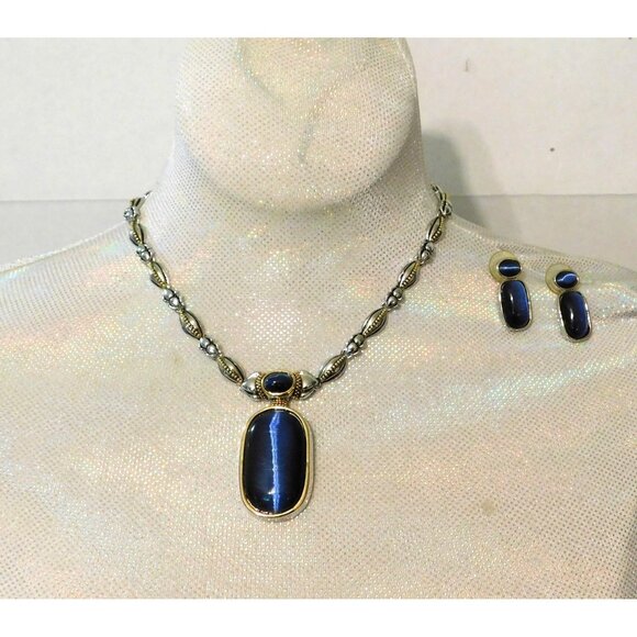 Vintage Two-Tone Necklace Blue Pendant Matching Pierced Earrings Set - Picture 9 of 11